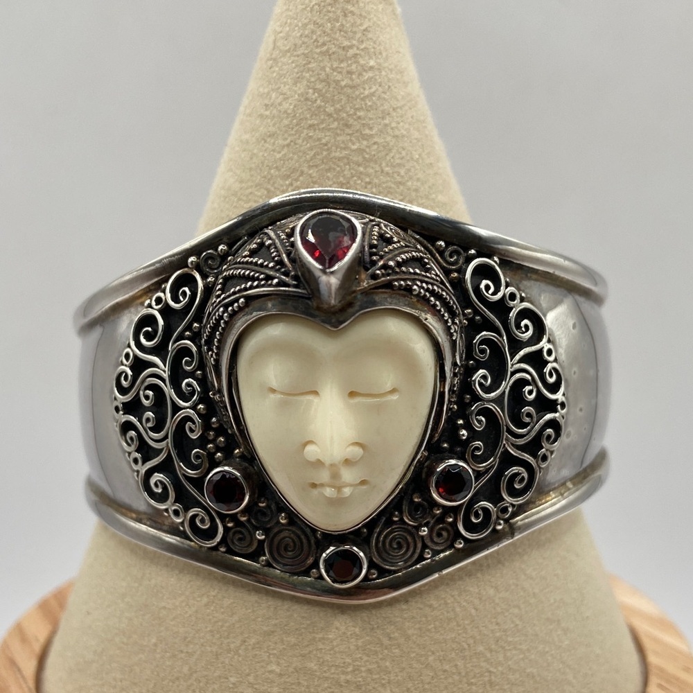 Novica 925 Hand Crafted Carved Bone Garnet Cuff Bracelet Jungle Princess